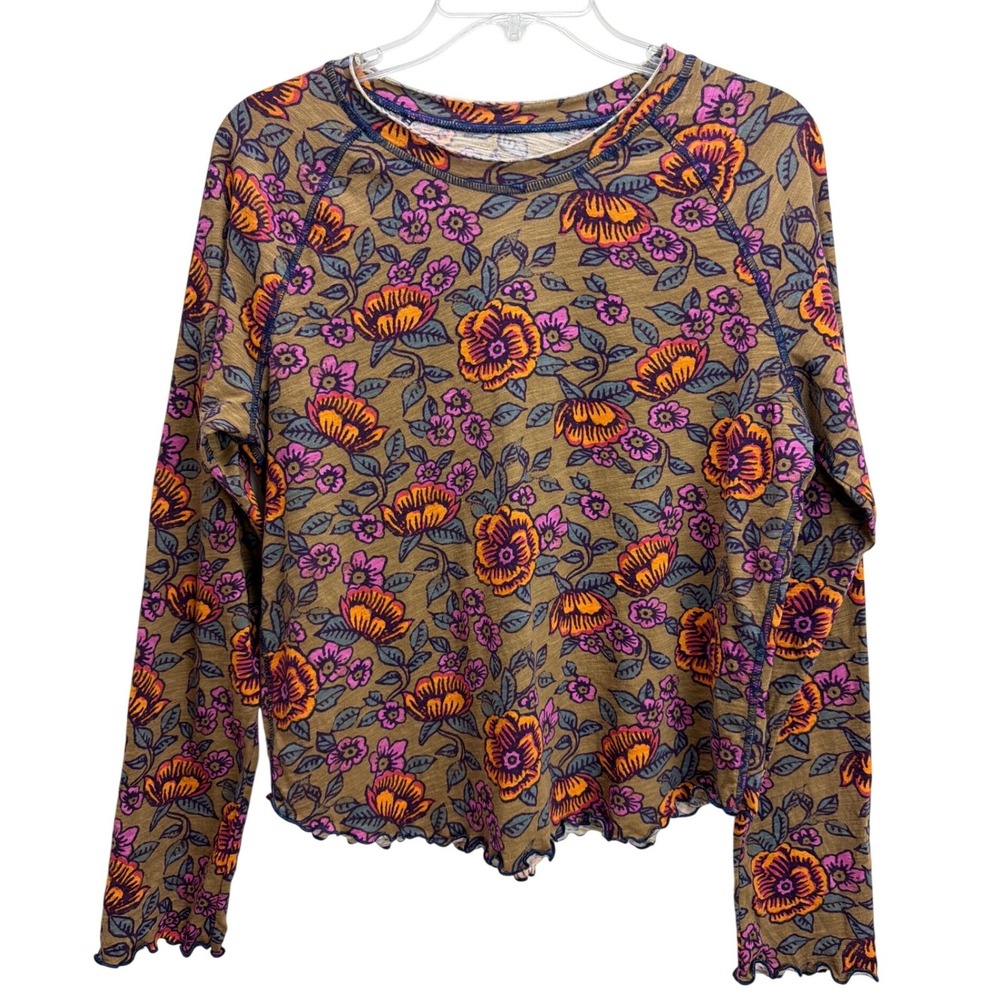 Natural Life Floral Multicolor Cotton Pullover Top Long Sleeve Lettuce Trim - Picture 2 of 9